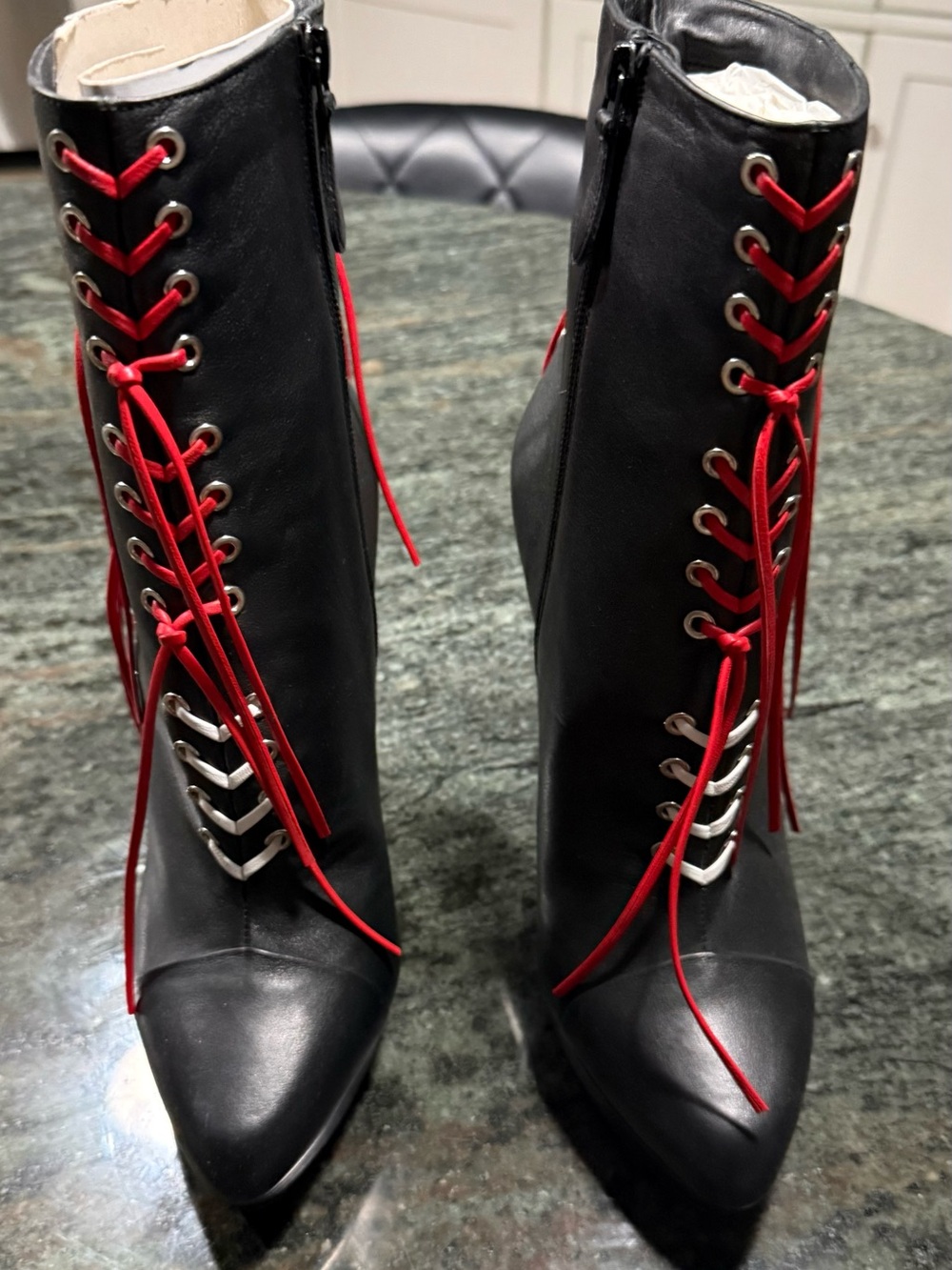 MCM Black Tall Lace-Up Boots with Red Laces